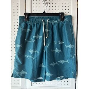 Old Navy Men's Size Medium Swim Trunks Swimsuit Shorts Blue Teal Sharks Unlined